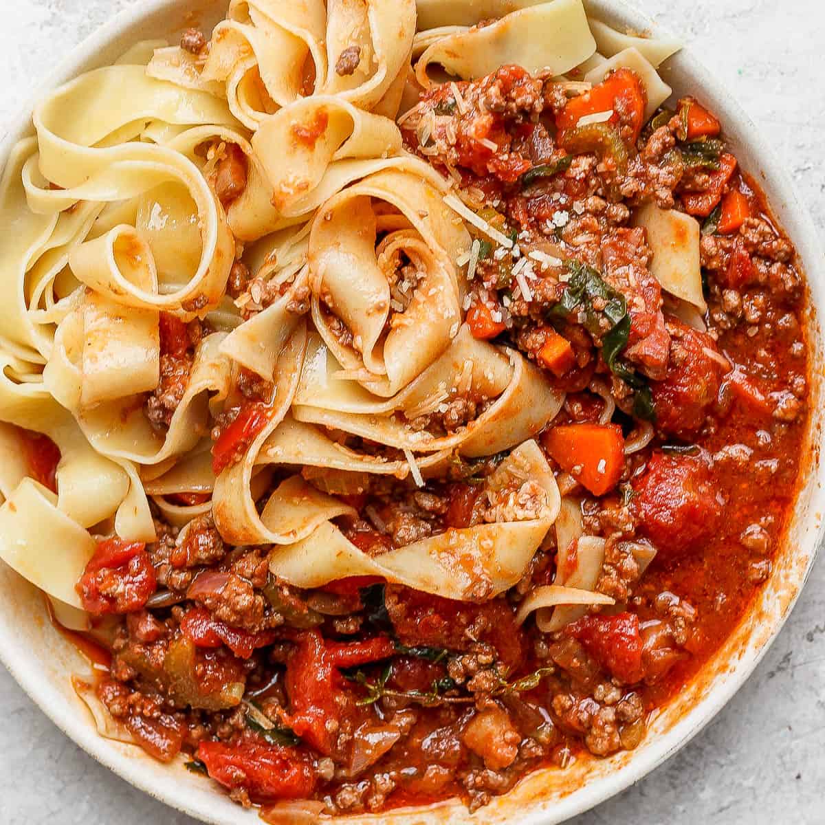 Bowl of Pappardelle Bolognese Sauce.