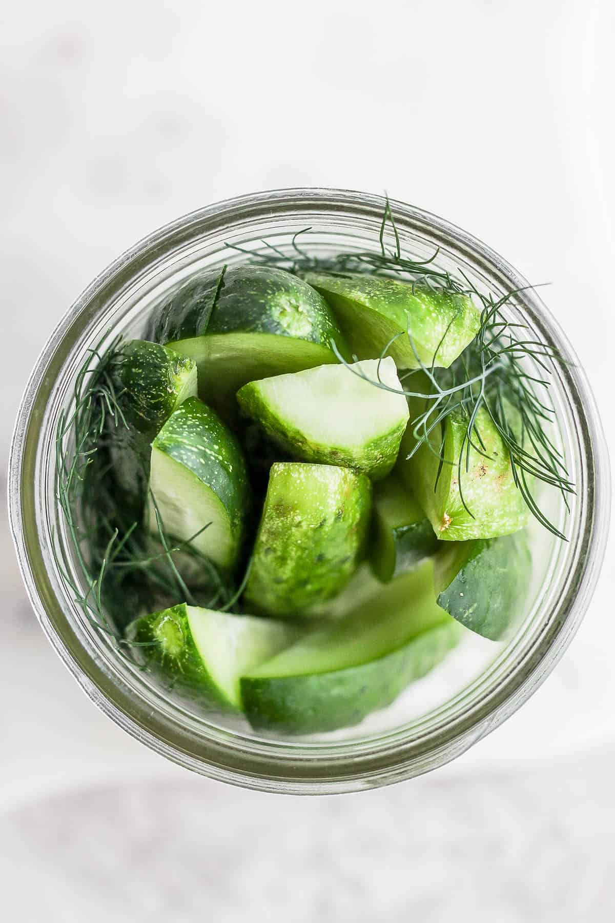 Top view of mason jar with sliced cucumbers and fresh dill inside. 