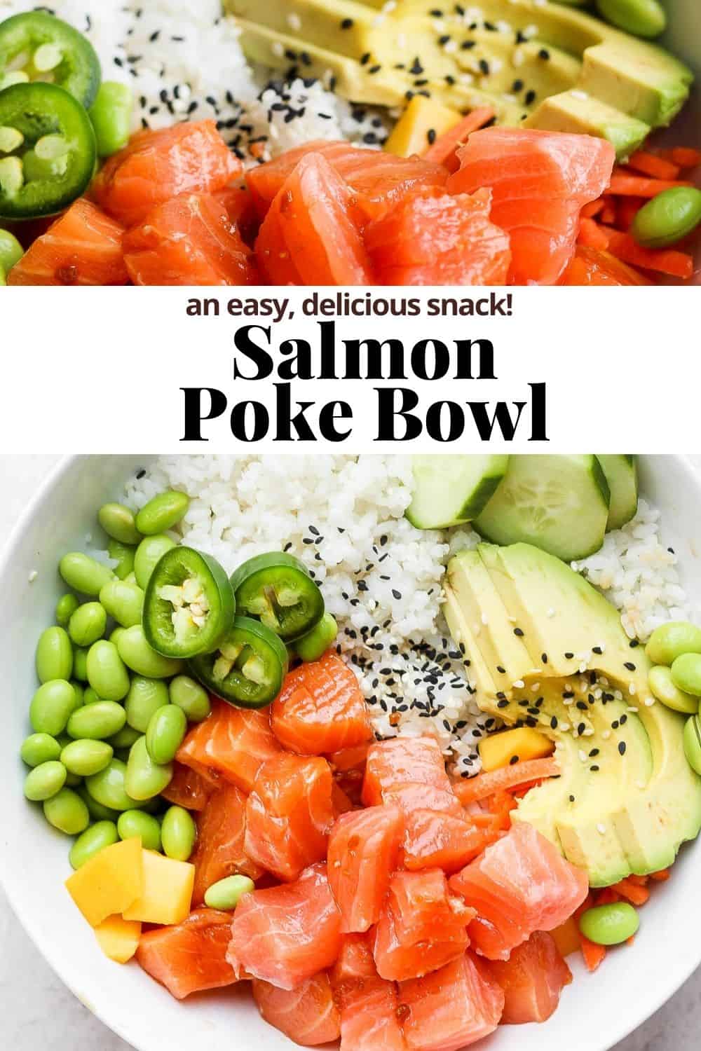 Pinterest image for a salmon poke bowl.