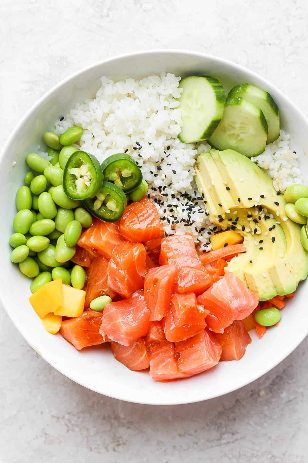 A salmon poke bowl.