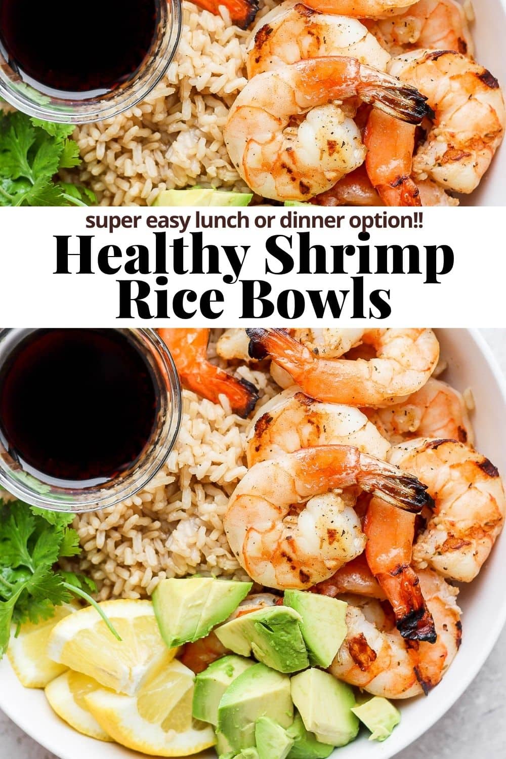 Pinterest image for shrimp rice bowls.