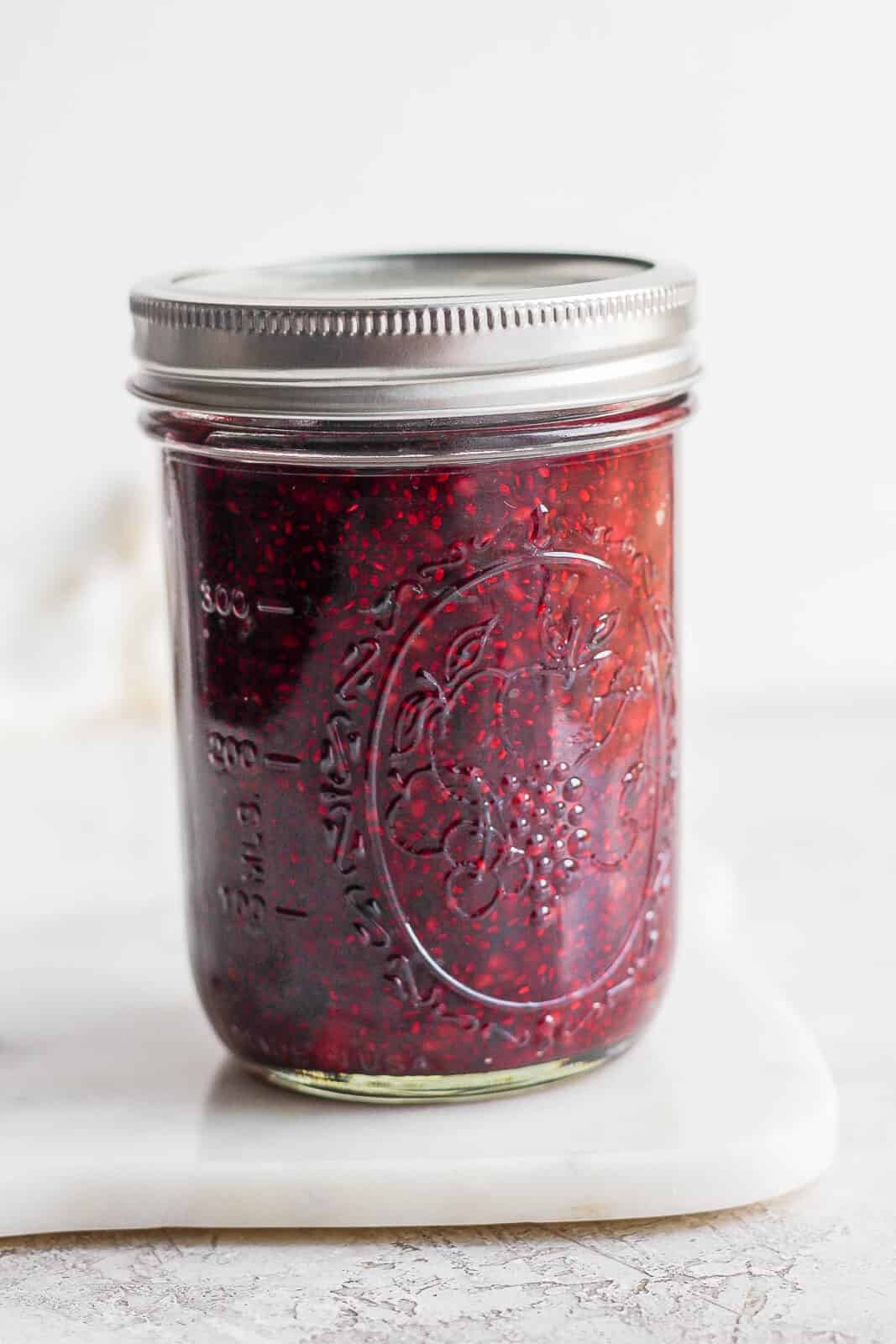 Mason jar of chia seed jam.