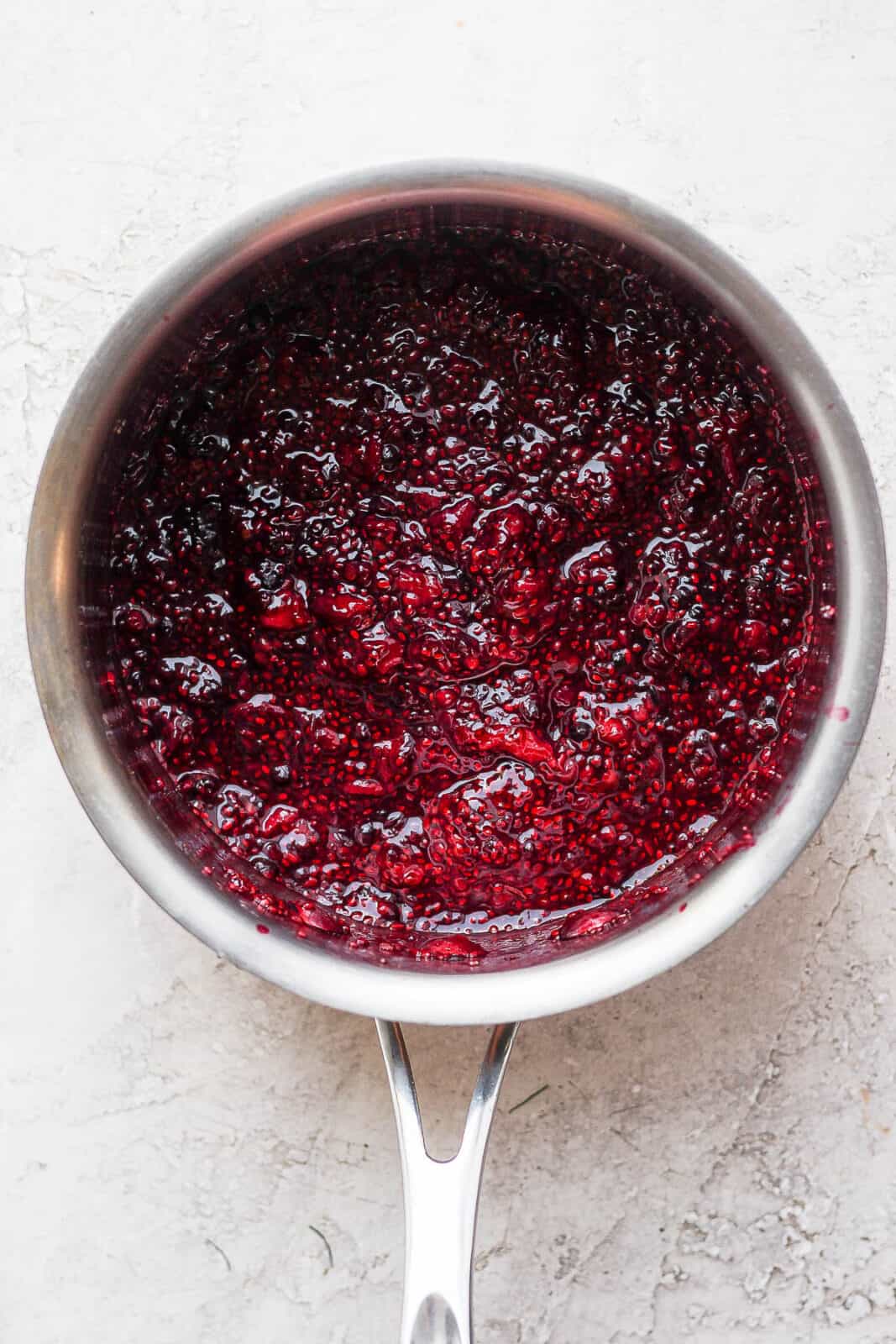 A saucepan full of chia seed jam.