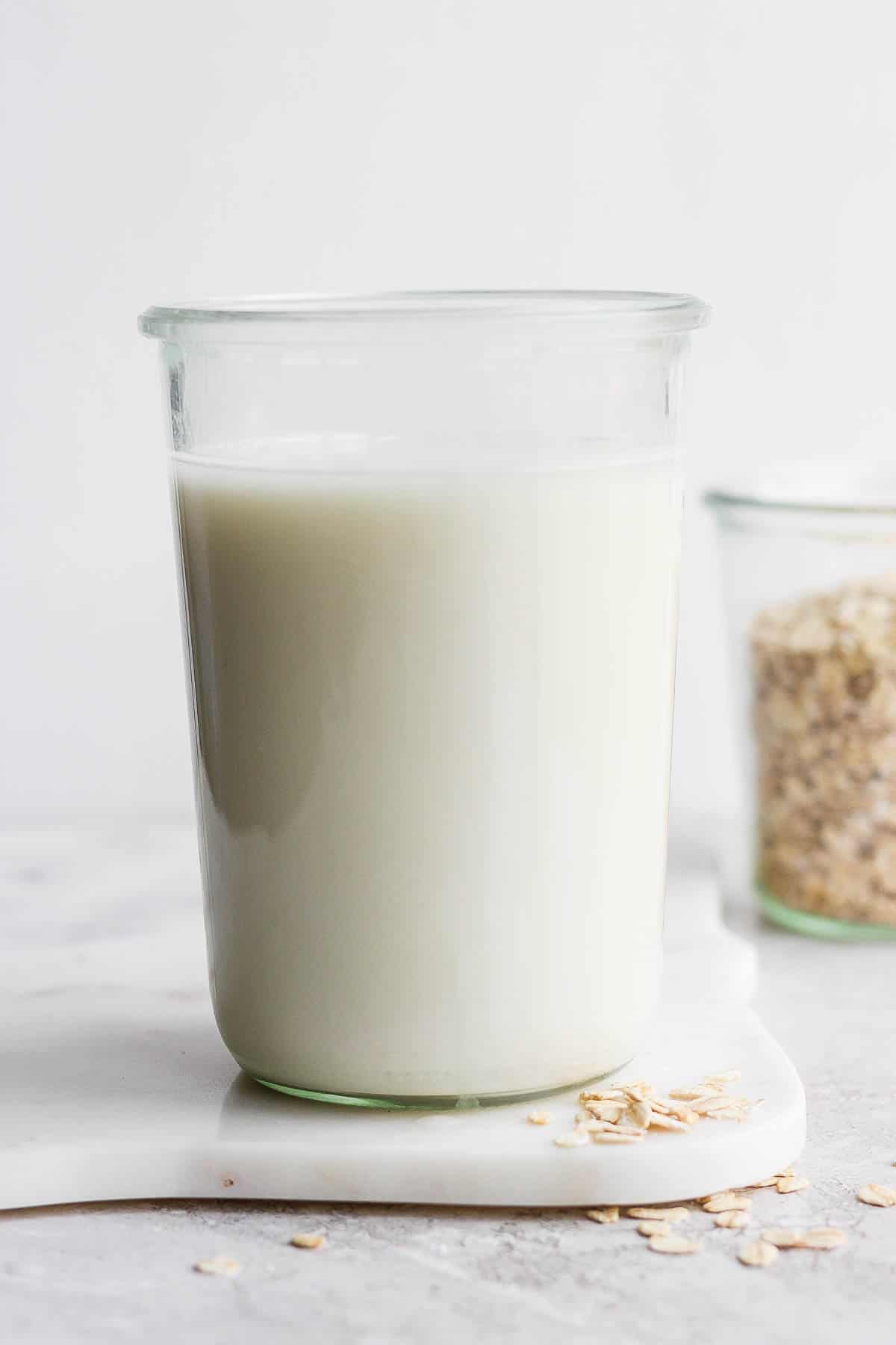 Oat milk in a mason jar.