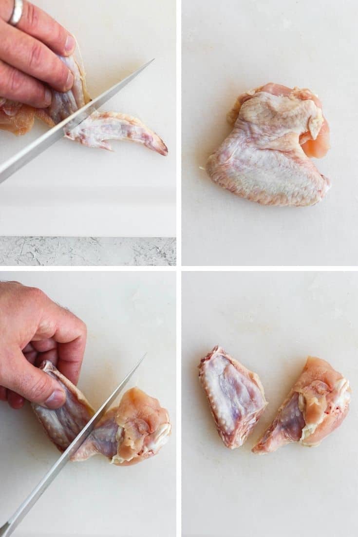 Four photos showing the steps of breaking down a chicken wing. 