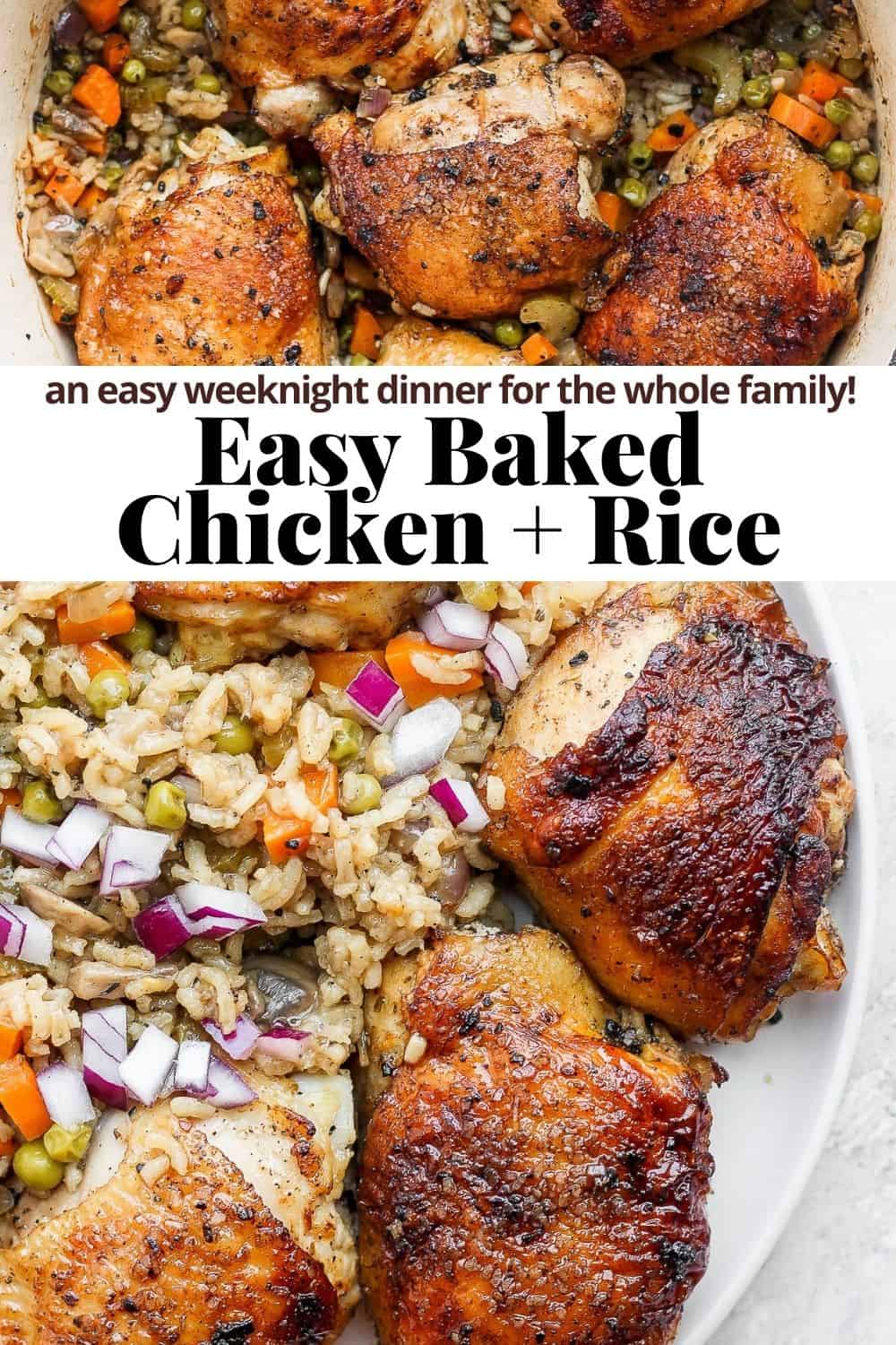 Pinterest image for baked chicken and rice.