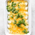 Pan of green chicken enchiladas with cilantro on top.