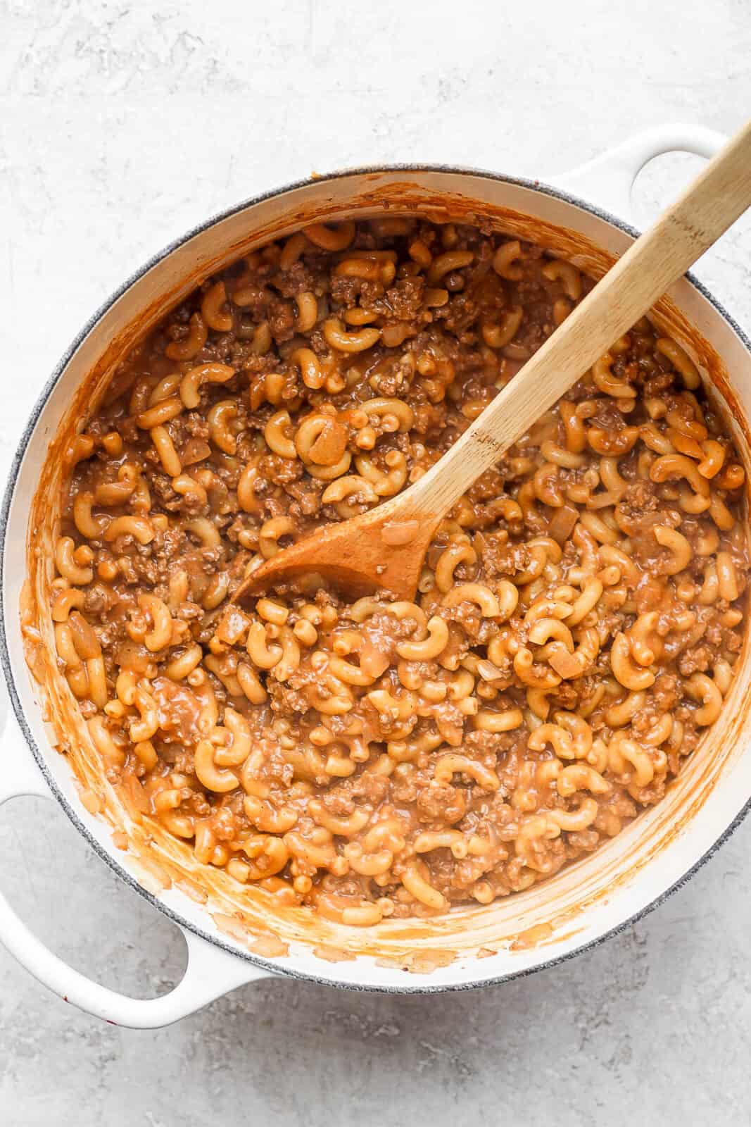 Healthy hamburger helper in a dutch oven before adding the cheese.