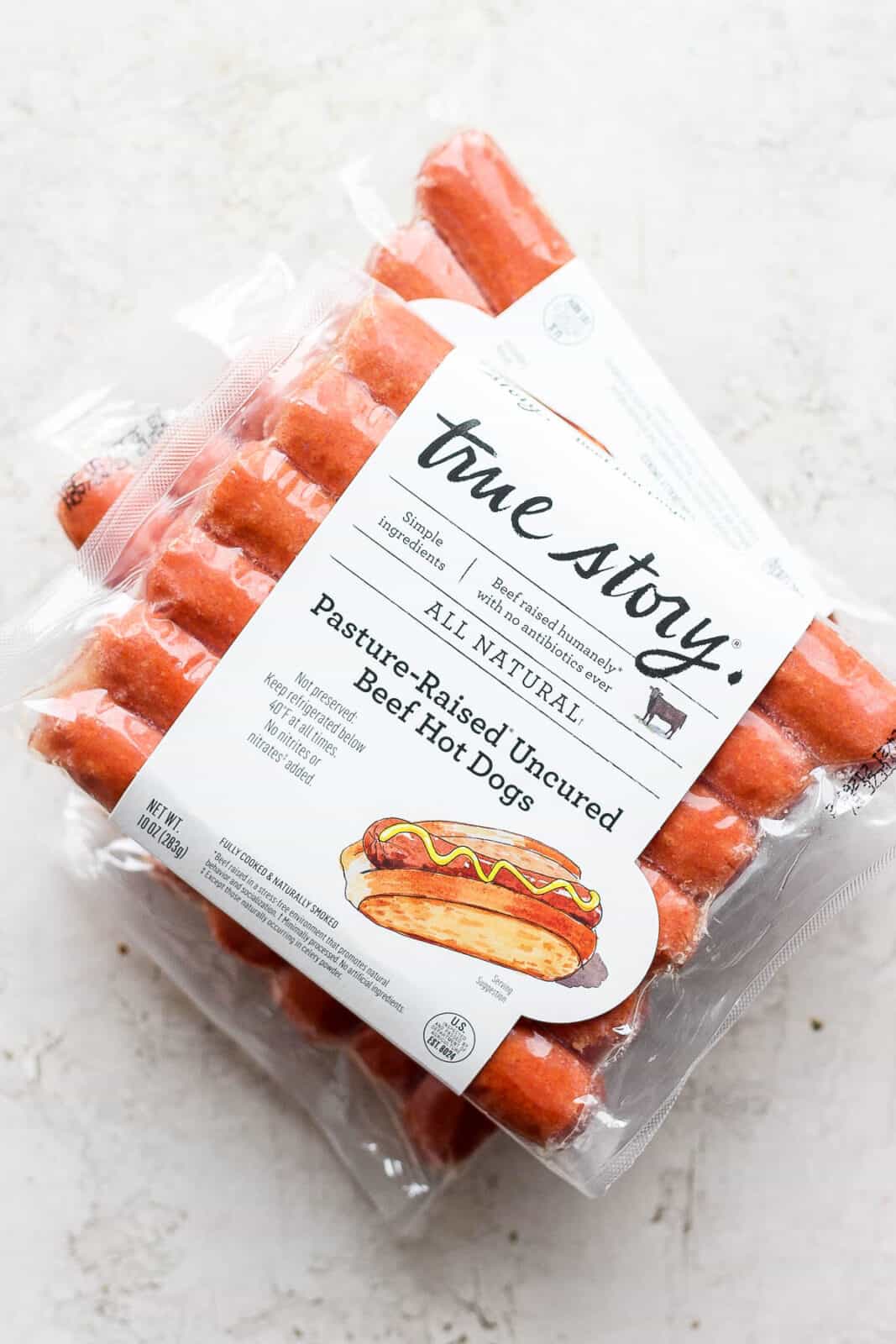 Package of True Story hot dogs. 