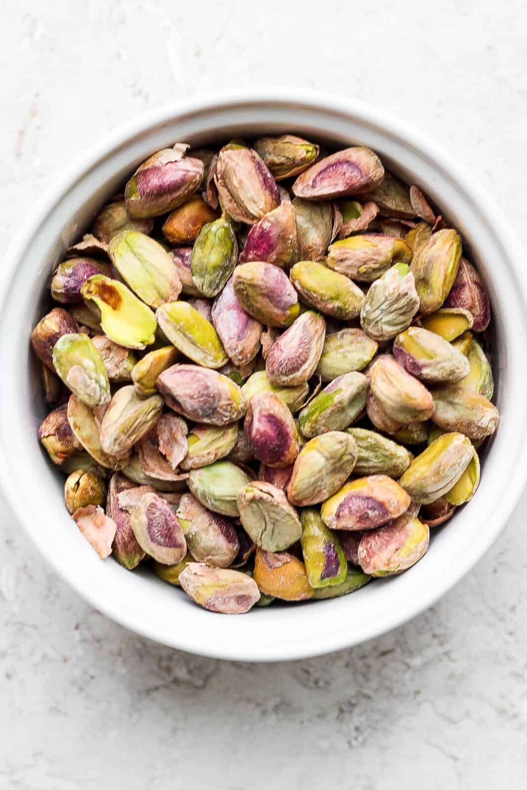 Shelled pistachios in a bowl.