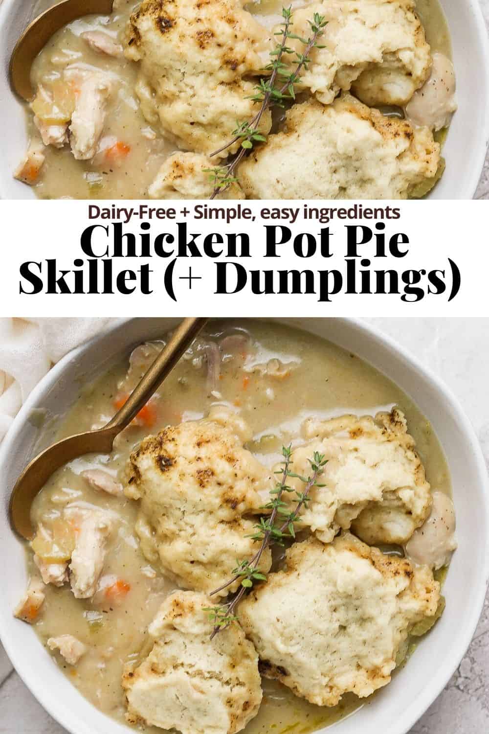 Pinterest image for chicken pot pie skillet.