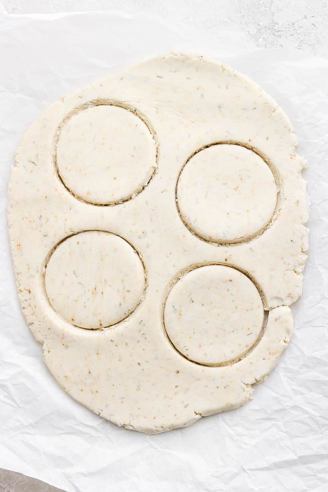 Four biscuits cut into the gluten free biscuit dough.