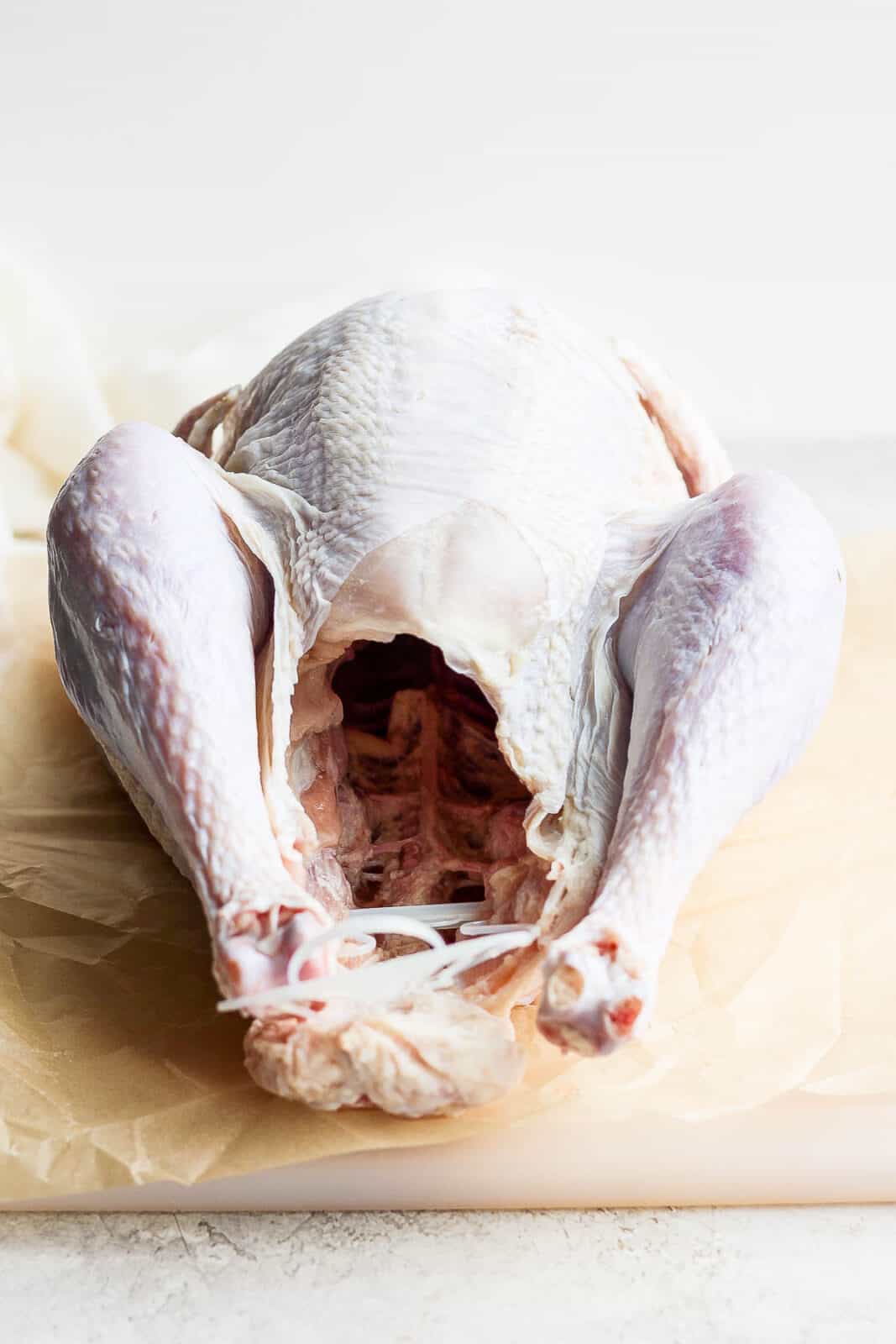 A whole turkey that has been thawed.
