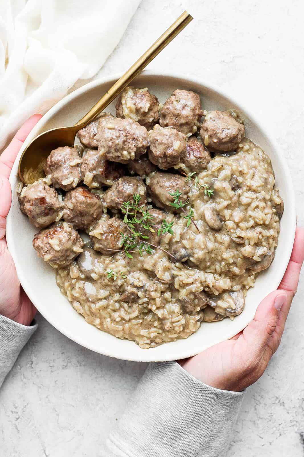Hands holding a bowl of meatballs and rice.
