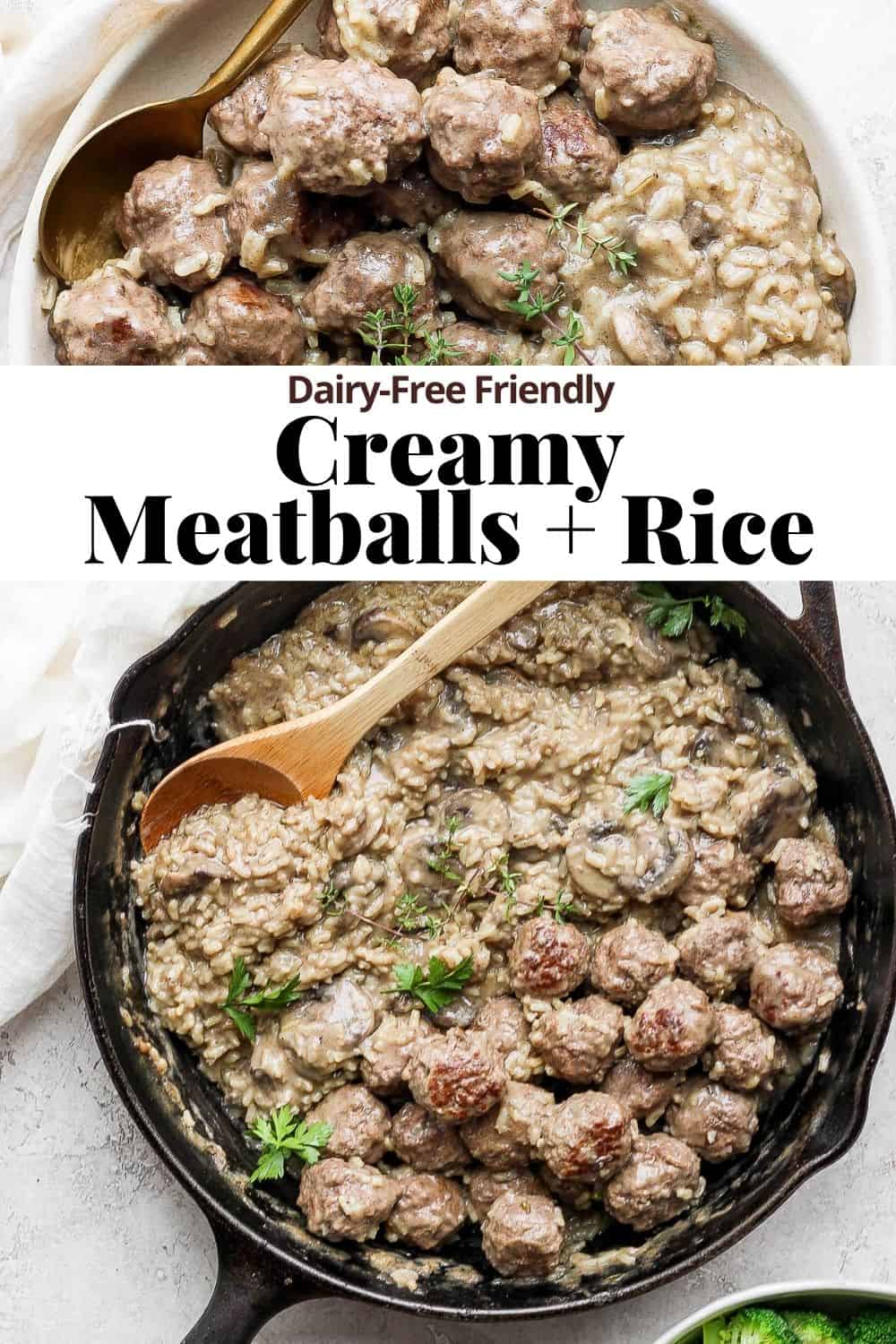 Pinterest image for meatballs and rice.