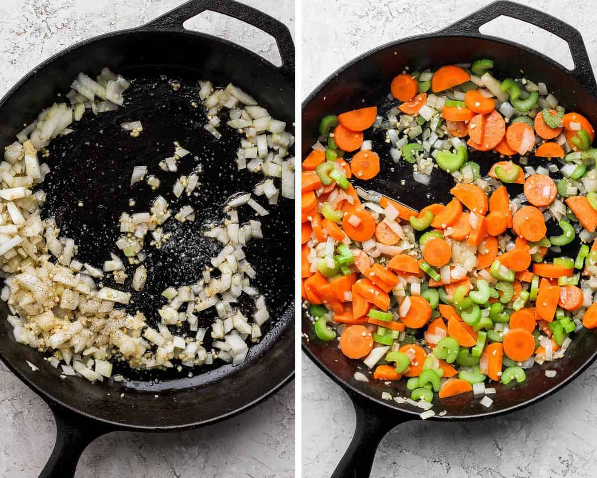 Two pictures side by side of onions and garlic being sauteed in a cast iron skillet and then carrots and celery are added.