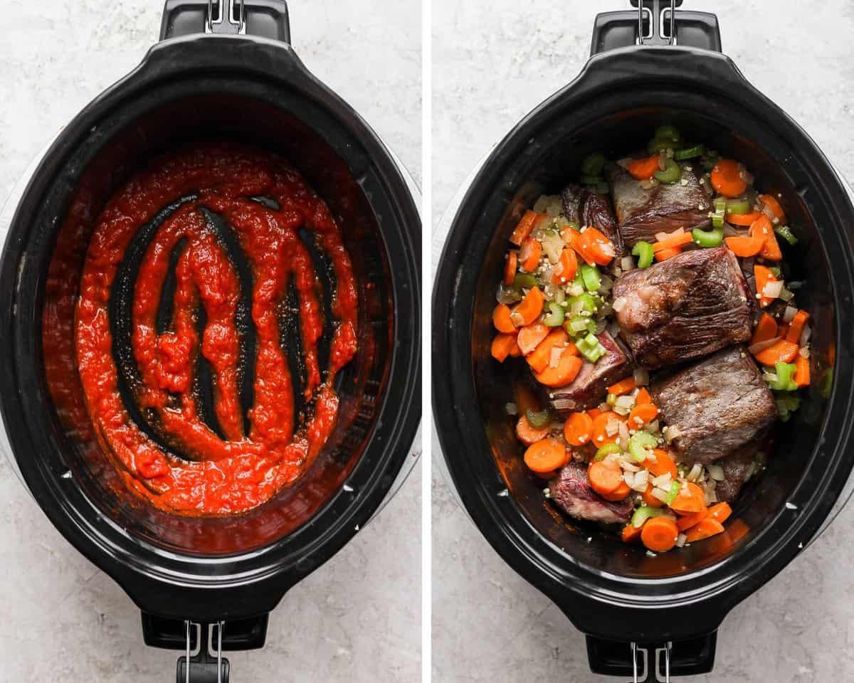 Two pictures side by side of a slow cooker first with just some marinara in the bottom and then the sauteed veggies and seared short ribs added.