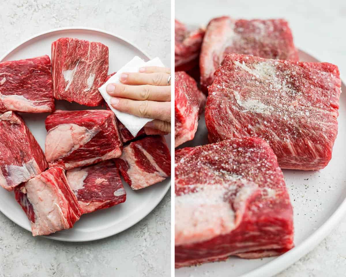 Two pictures side by side of someone patting dry a plate of short ribs and then a plate of seasoned short ribs before cooking.