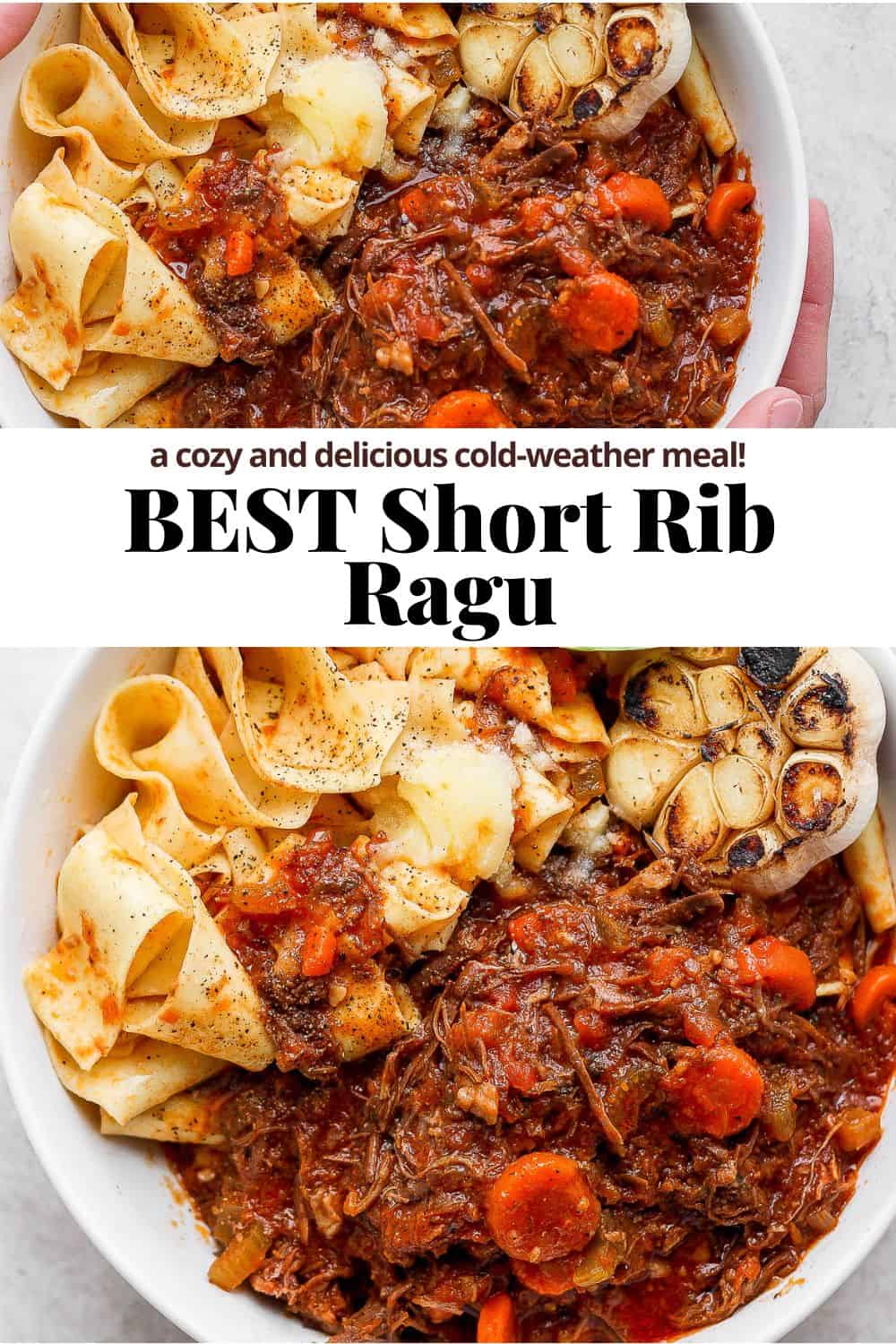 Pinterest image with a picture of a bowl of short rib ragu with text overlay that says "short rib ragu."