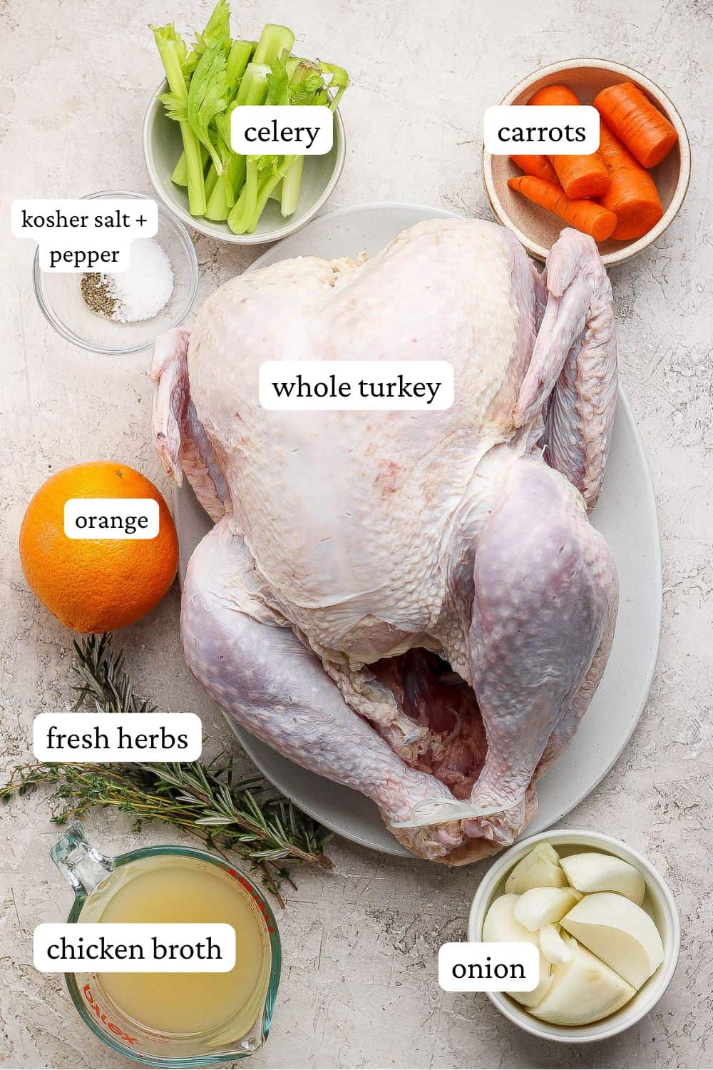 The ingredients for smoked turkey all separated out into bowls and labeled.