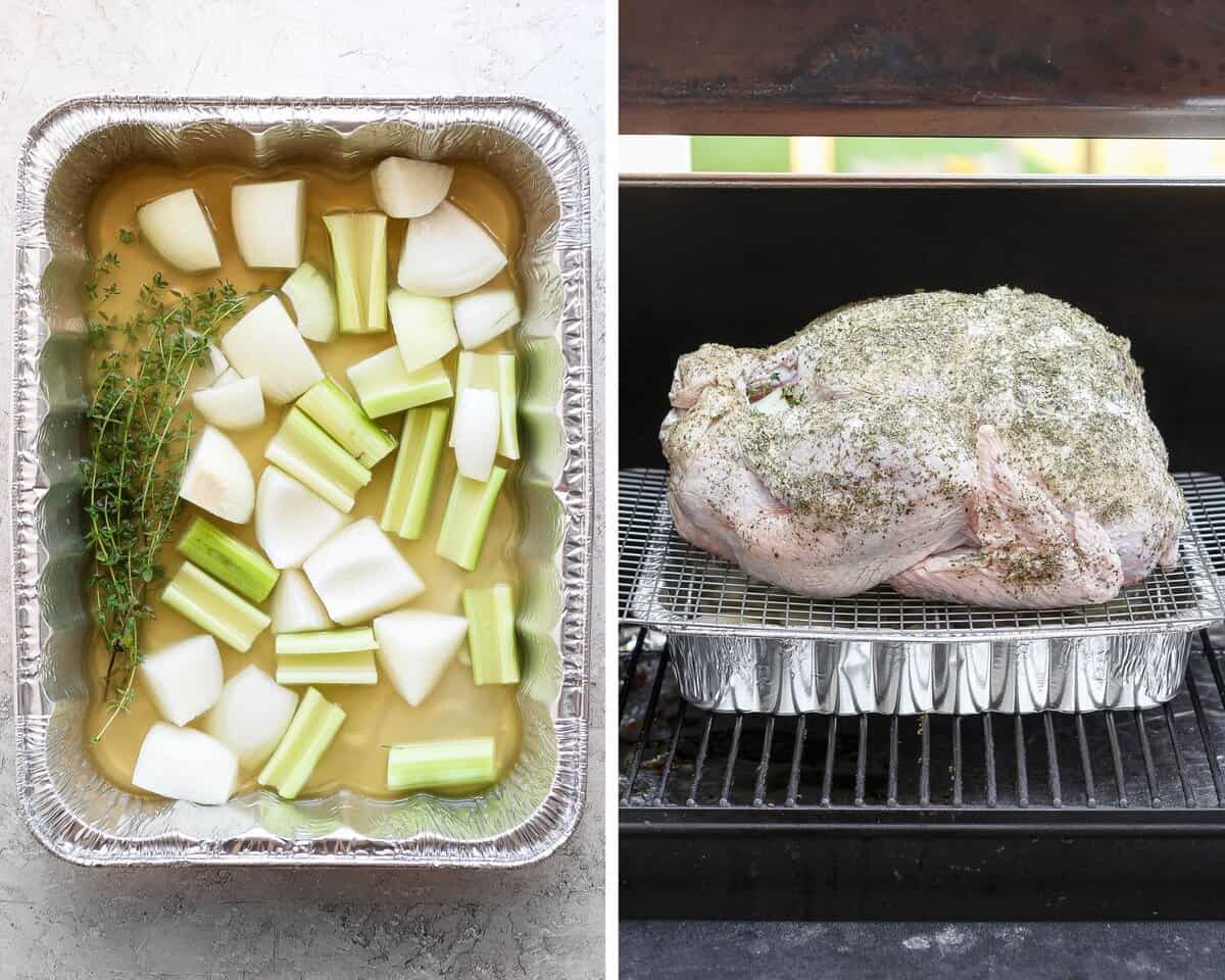 Two pictures side by side: one of an aluminum pan filled with broth, onions, celery and herbs and one picture of a prepared turkey on a smoker about to be cooked.