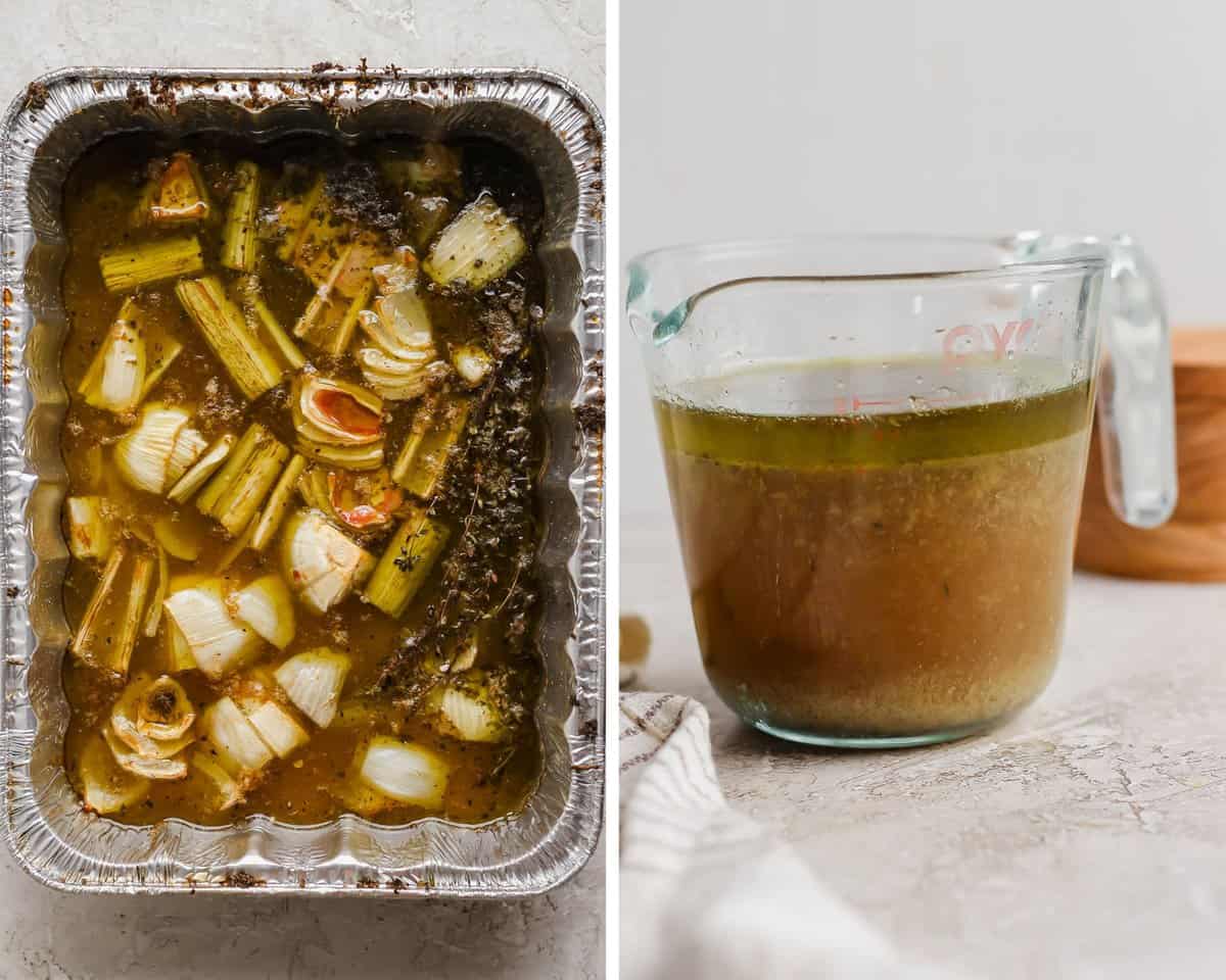 Two pictures side by side - one has an aluminum pan filled with drippings from a cooked turkey and one has those drippings strained and in a glass measuring cup with the fat having floated to the top. 