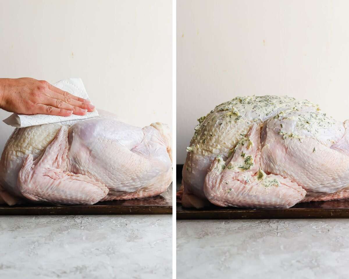 Two pictures side by side: one of someone patting dry a whole, raw turkey and one with butter all over a whole, raw turkey. 