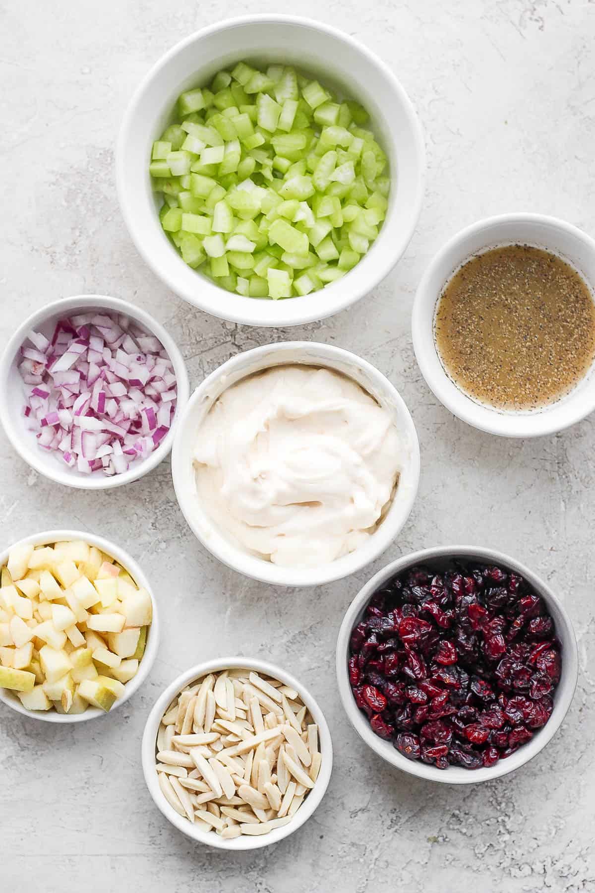 Small dishes of turkey salad ingredients, except the turkey.