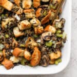 Wild Rice Stuffing in a baking pan.