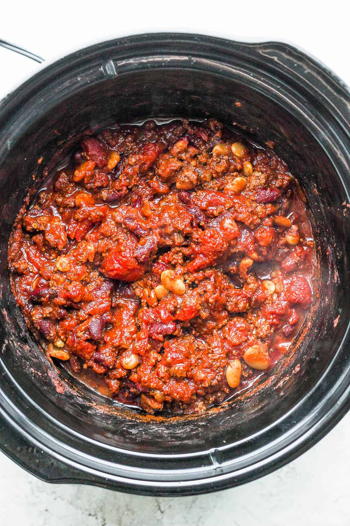 Slow cooker chili after cooking on low for 6-8 hours.