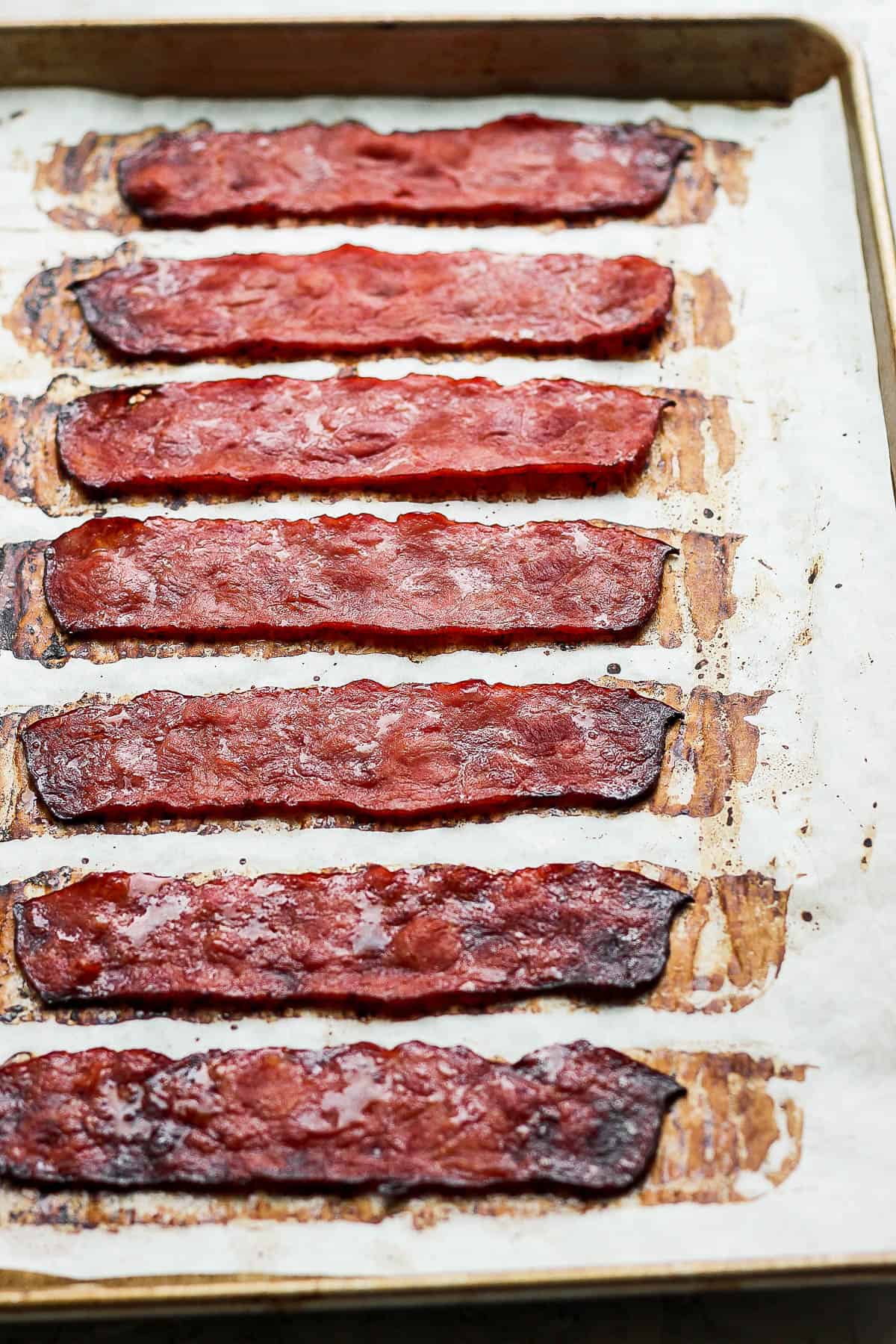 Turkey bacon on the pan after baking for 12 minutes.