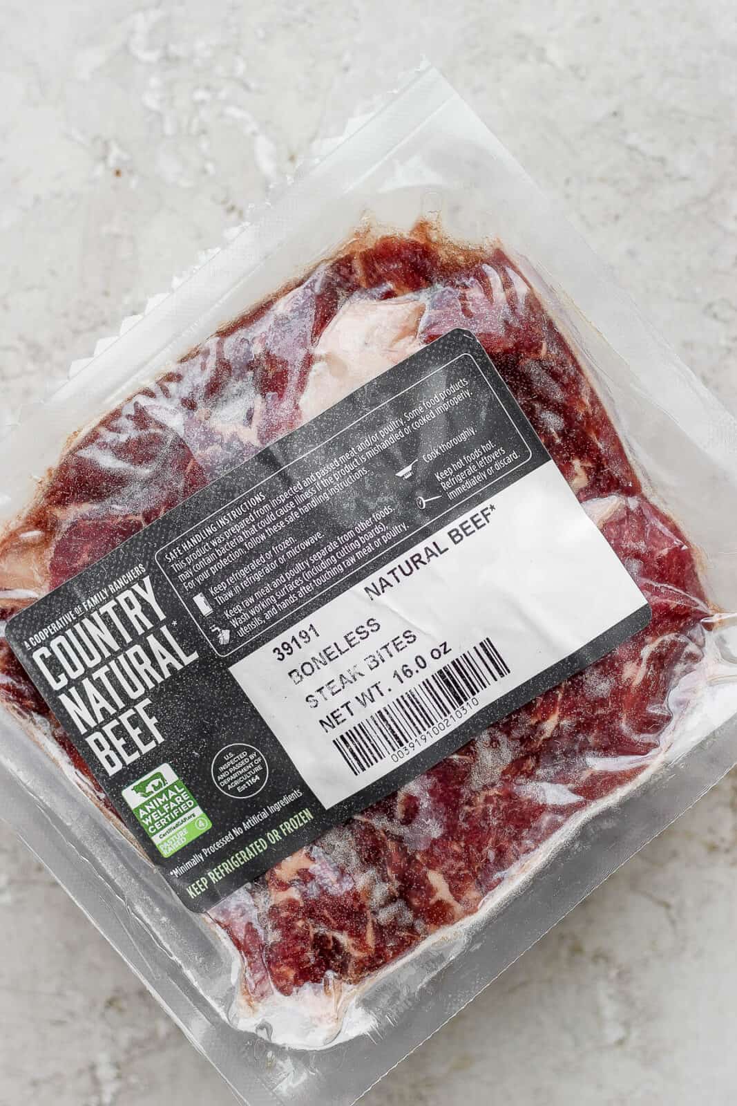Package of Country Natural Beef Boneless Steak Bites.