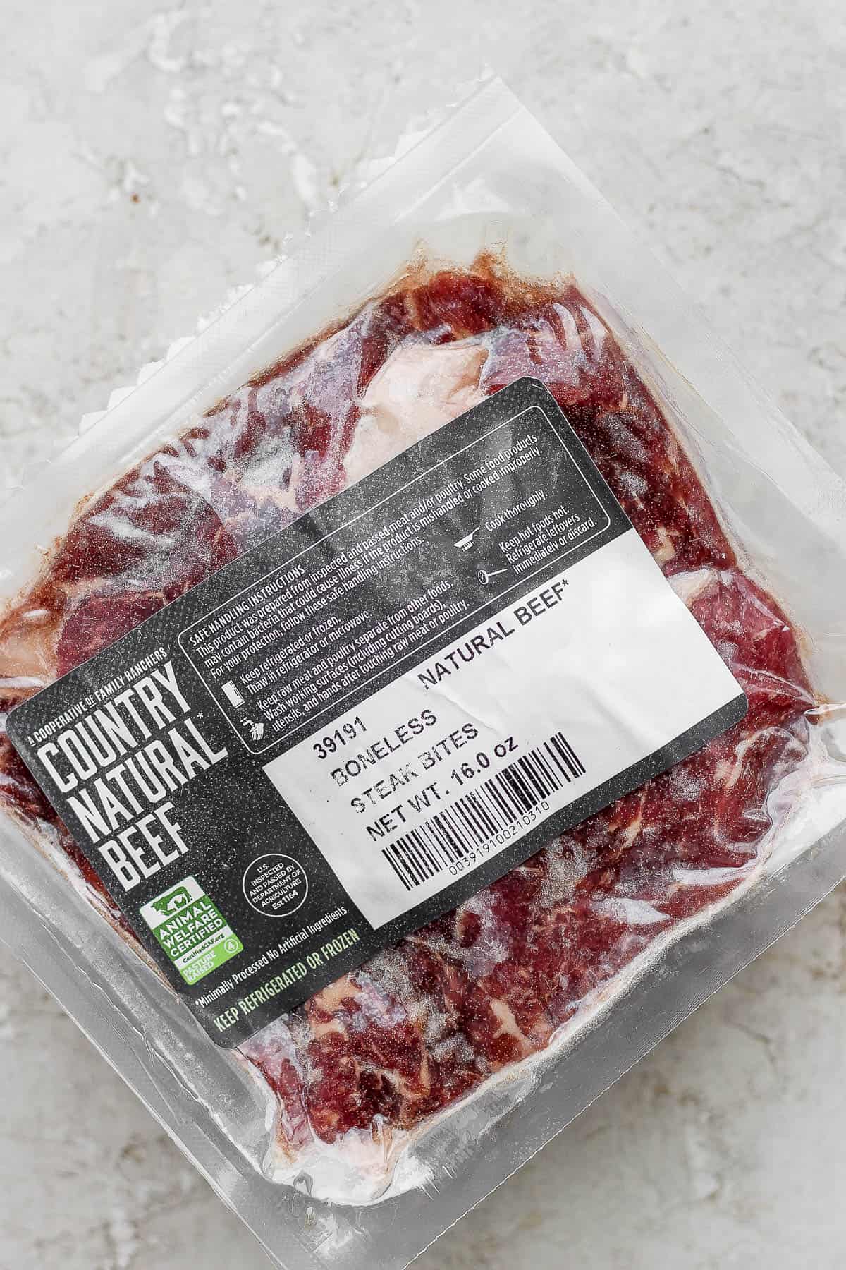 A package of Country Natural Beef Steak Bites.