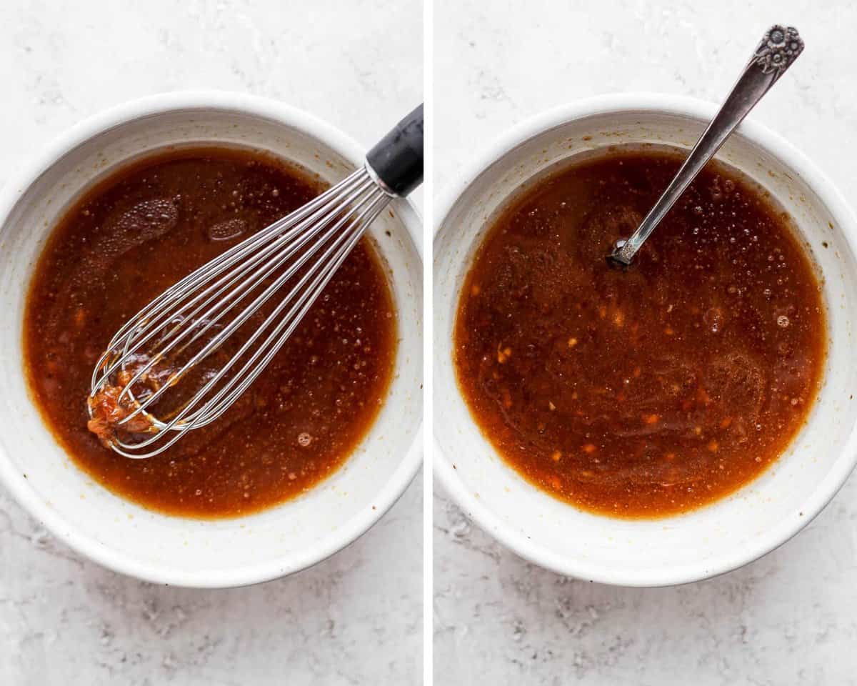 Two shots of pork roast marinade in a bowl; one being whisked and one with a spoon sticking out. 