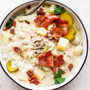 Bowl of cheeseburger soup.