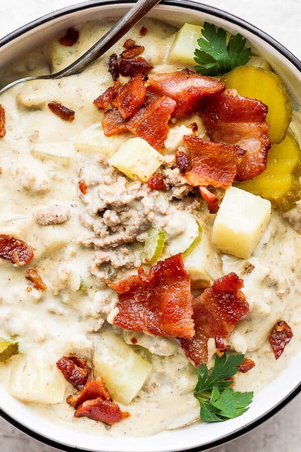 Bowl of cheeseburger soup.