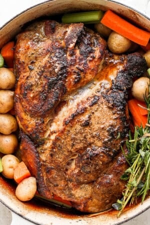 A pork roast in a dutch oven.