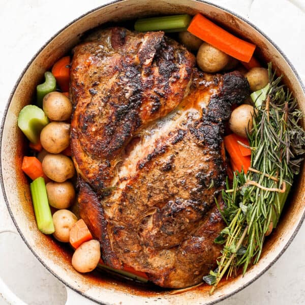 A pork roast in a dutch oven.