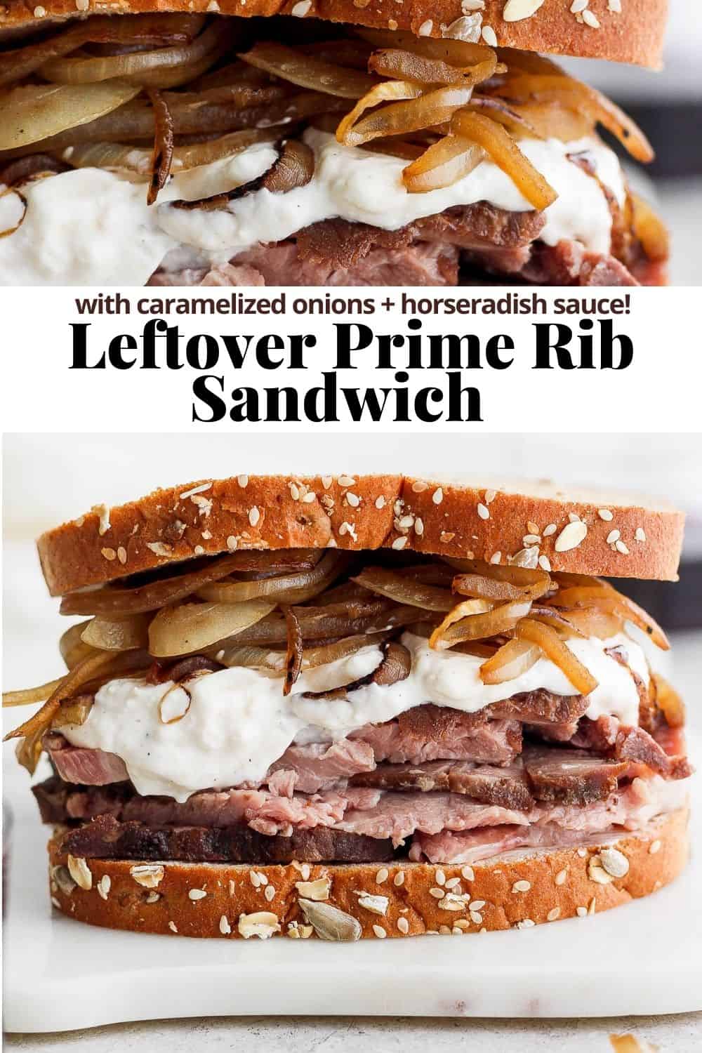 Pinterest image for a leftover prime rib sandwich.