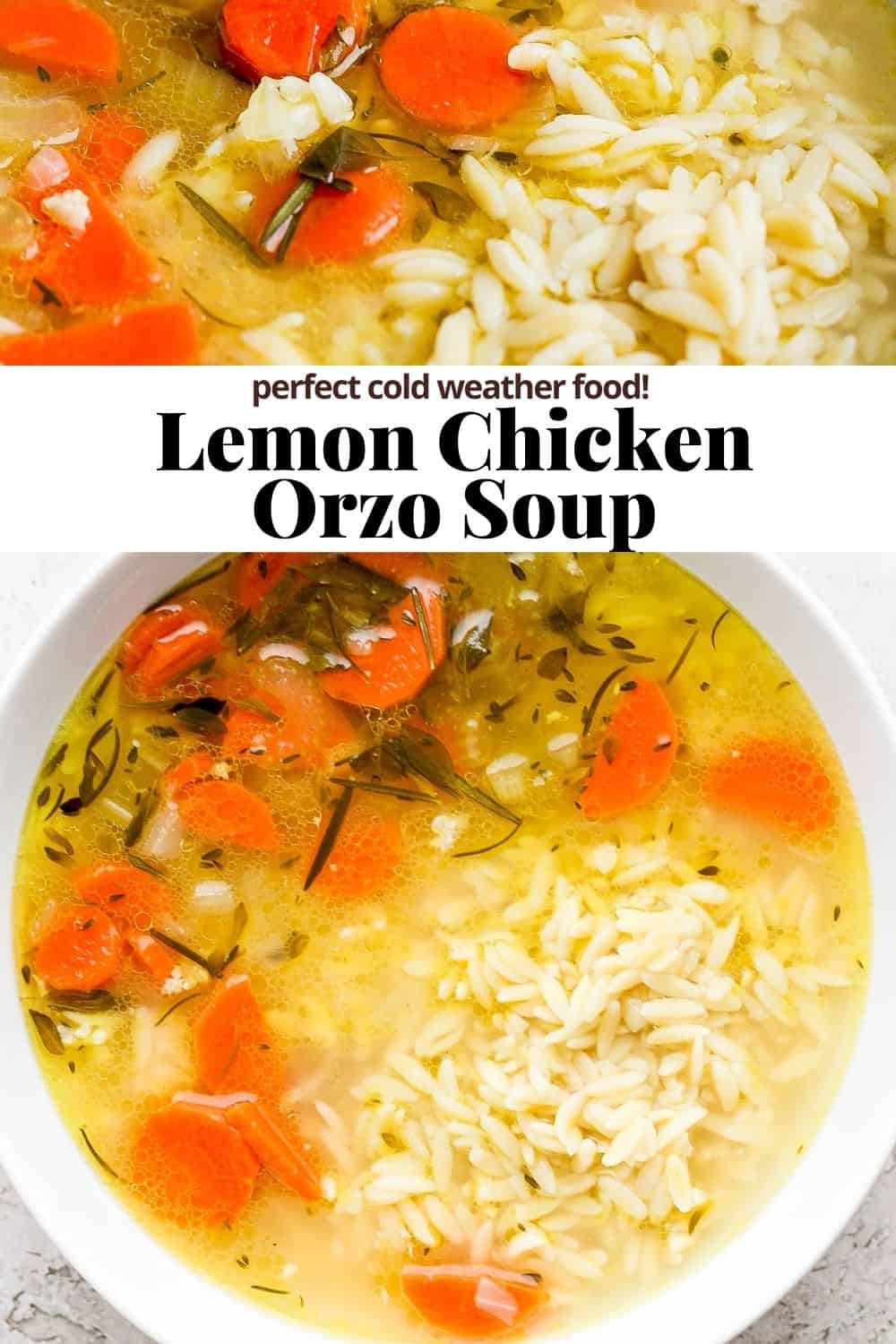 Pinterest image for lemon chicken orzo soup.