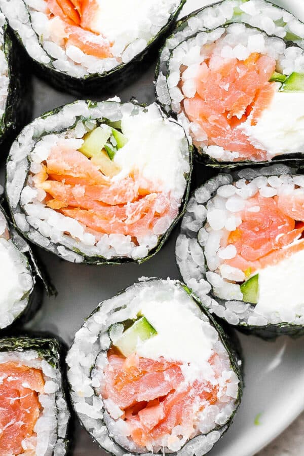 Plate of Philadelphia rolls.