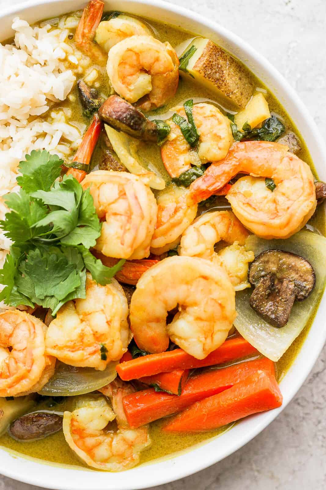 Shrimp curry in a bowl.