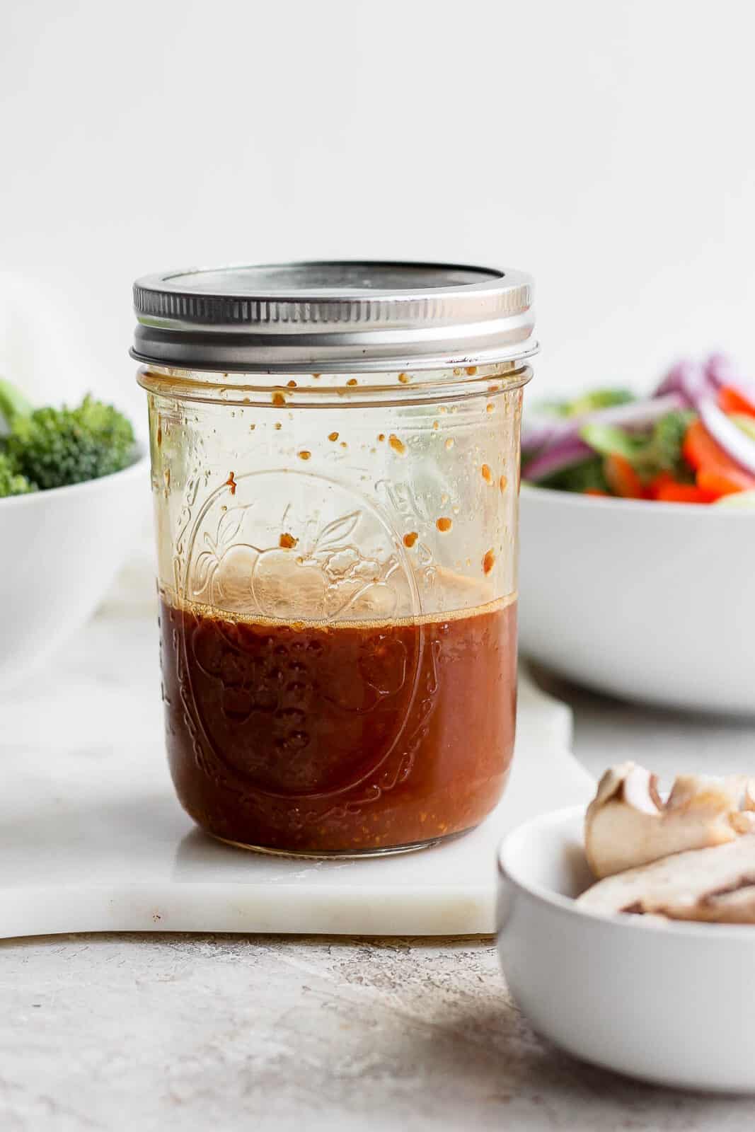 Stir fry sauce in a mason jar.