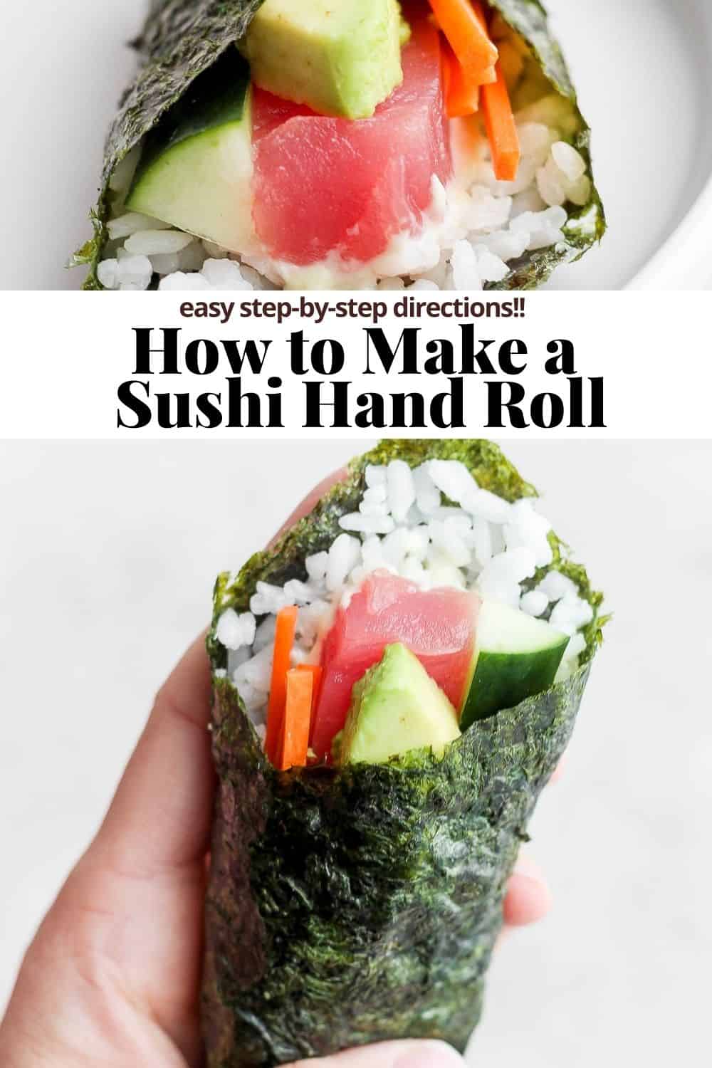 Pinterest image for a sushi hand roll.