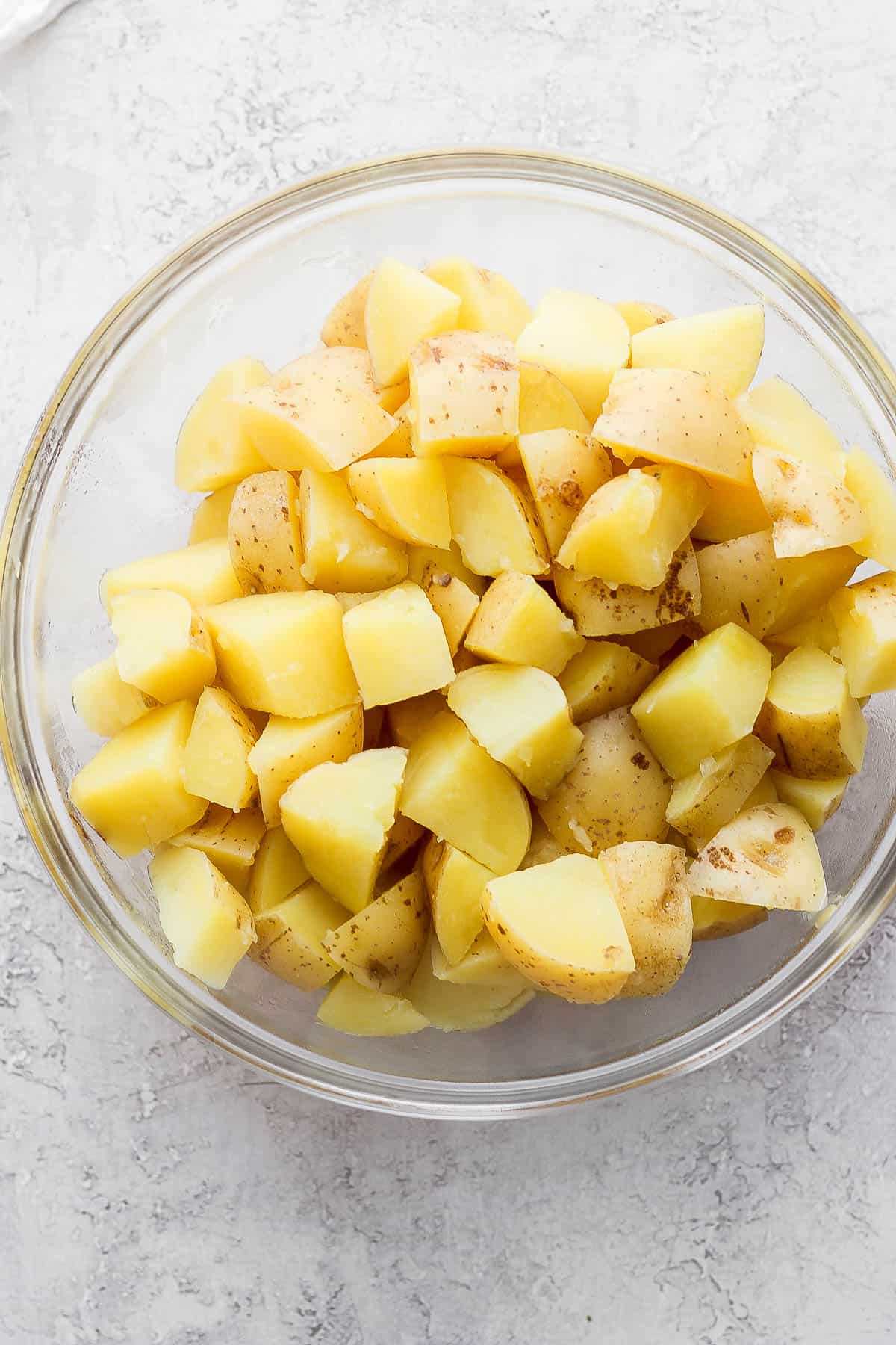 Yukon gold potato chunks after being boiled.