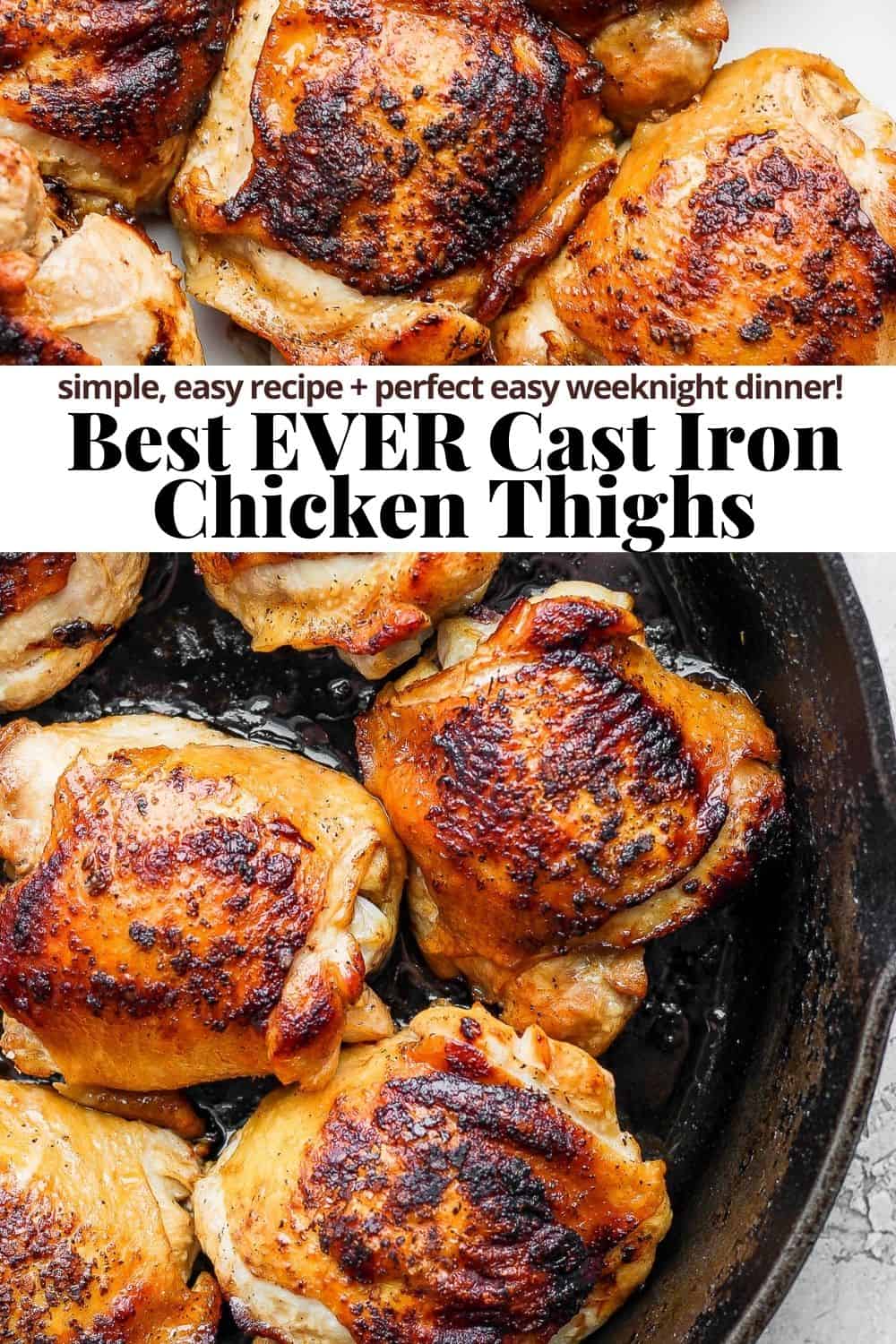 Pinterest image for cast iron chicken thighs.