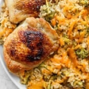 Plate of cheesy chicken broccoli and rice.