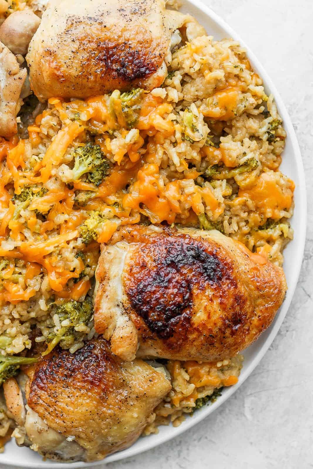 Cheesy chicken broccoli and rice on a plate.