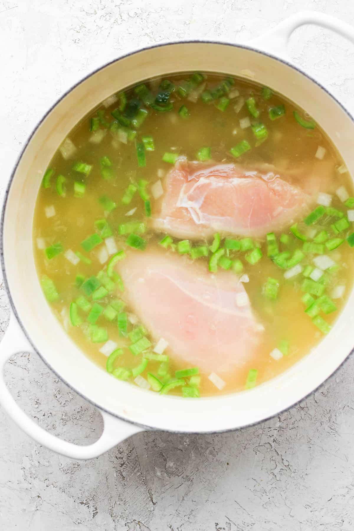 Chicken broth and chicken breasts added to the pot.