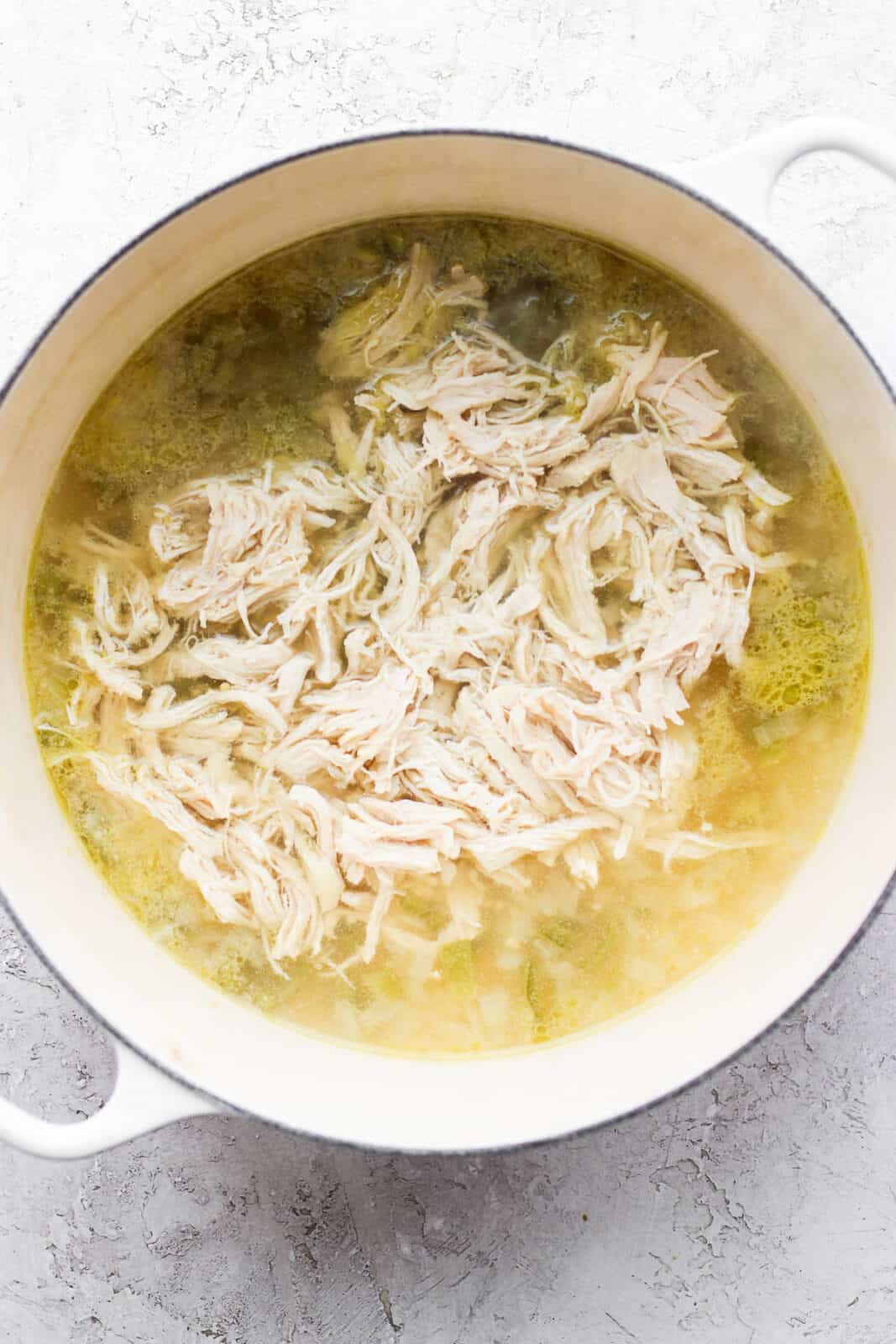 Shredded chicken added back to the pot.